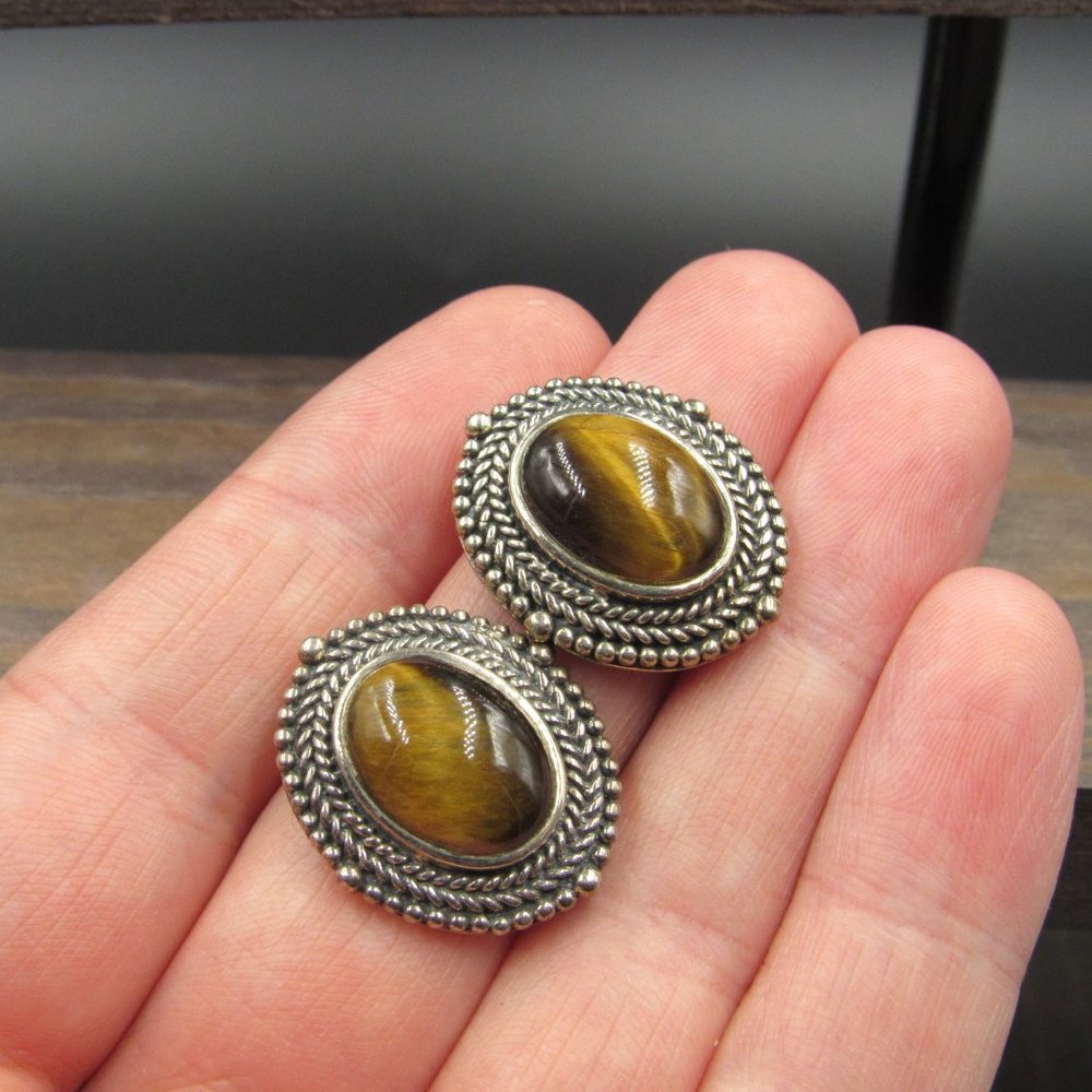 Sterling Silver Unique Tiger's Eye Stone Earrings - Picture 2 of 6